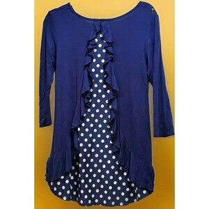Celeste Women’s S Blue Split Back Polka Dot Ruffle Blouse 3/4 Sleeve Cute Top